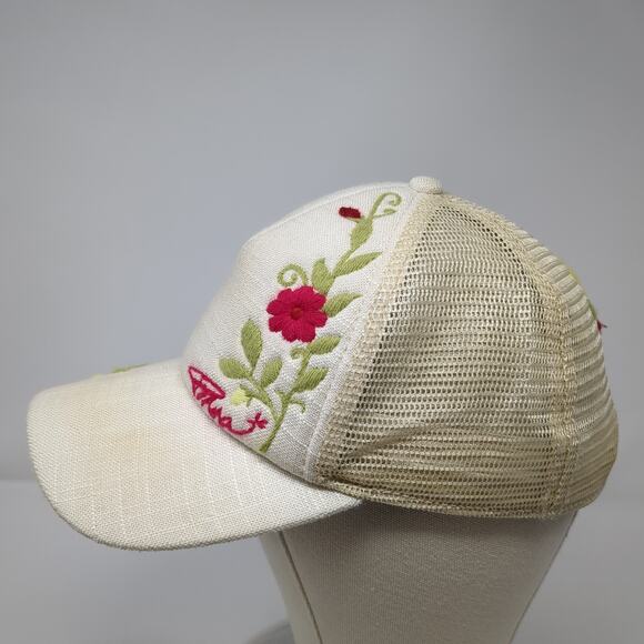 Prana Snapback Trucker Hat Beige OS Adjustable Embroidered Floral Mesh Back - Picture 3 of 8